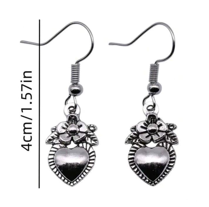 Silver Floral Heart Earrings - Thumbnail 4