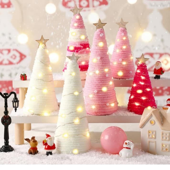 6 Pcs Boho Christmas Yarn Tree Natural Christmas Tree Xmas Yarn Cone Pedestal - Image 1