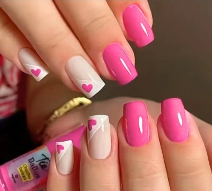 Pink and White Heart Press On Nails - Image 1