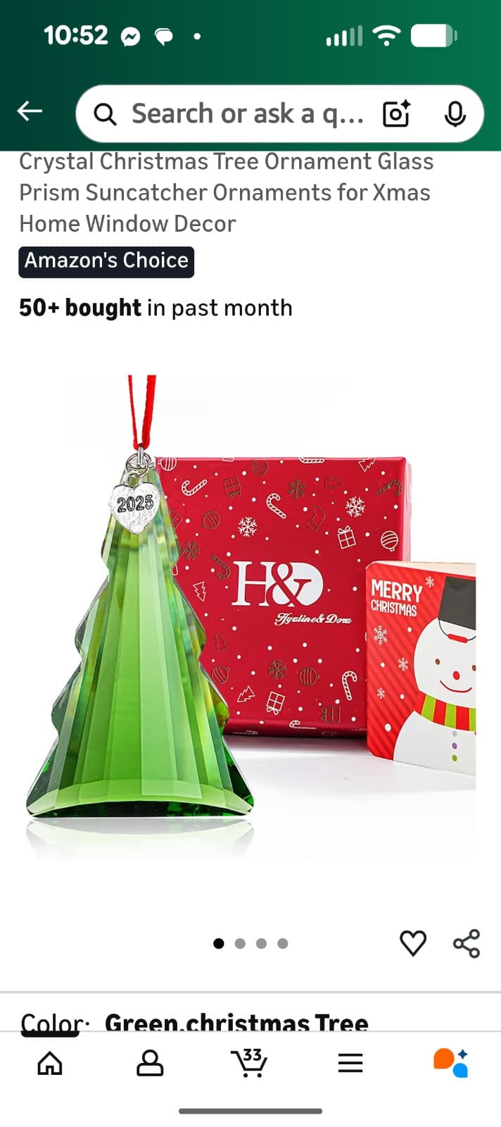 H&D HYALINE & DORA 2025 Crystal Christmas Tree Hanging Ornament, Green Crystal - Thumbnail 4