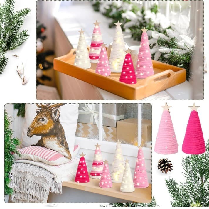 6 Pcs Boho Christmas Yarn Tree Natural Christmas Tree Xmas Yarn Cone Pedestal - Thumbnail 4