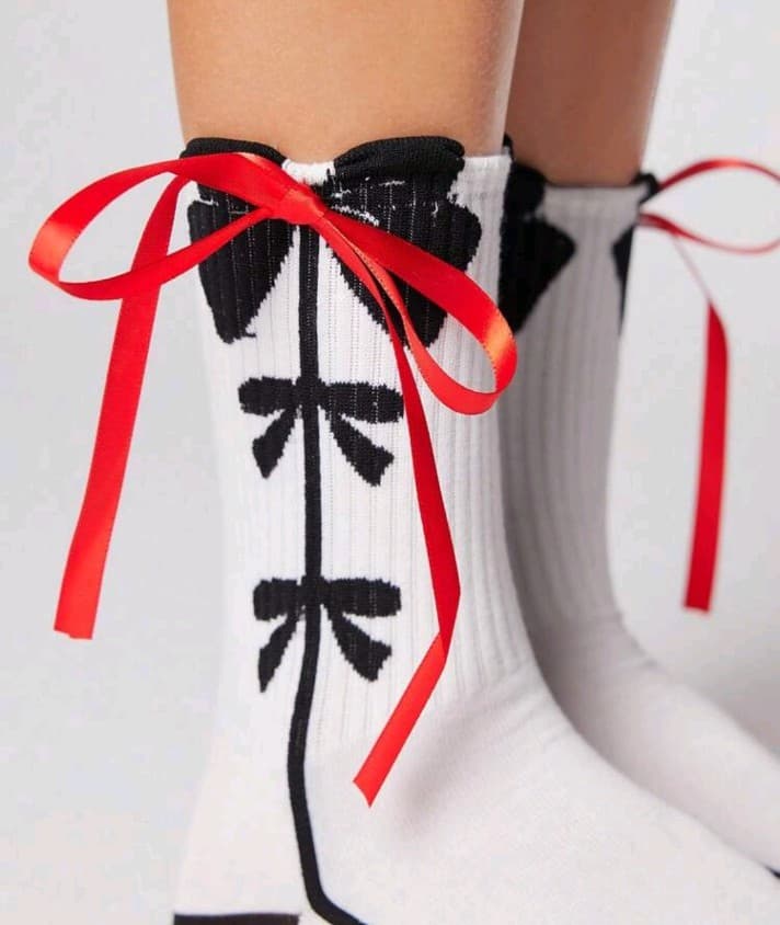 Stylish White Socks with Black Pattern and Red Ribbon - Thumbnail 5