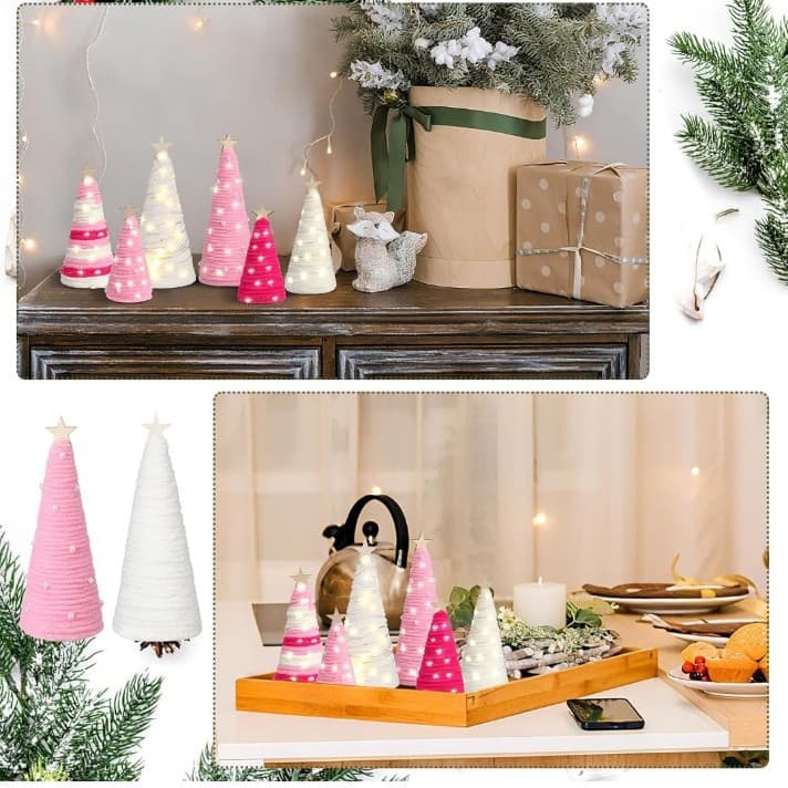6 Pcs Boho Christmas Yarn Tree Natural Christmas Tree Xmas Yarn Cone Pedestal - Thumbnail 5