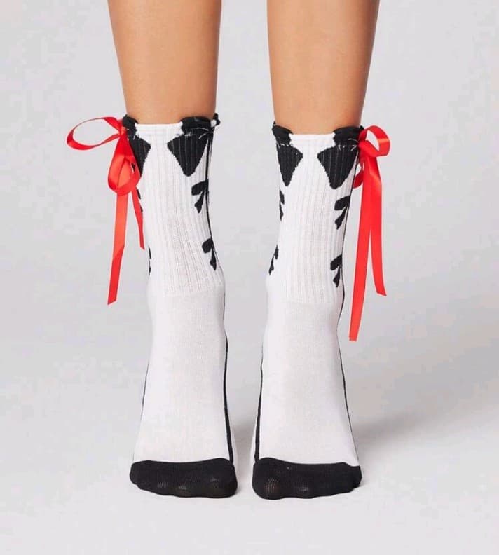 Stylish White Socks with Black Pattern and Red Ribbon - Thumbnail 3
