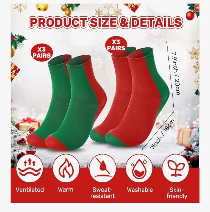 6 pair of green and red Christmas socks - Thumbnail 4