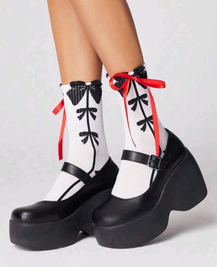 Stylish White Socks with Black Pattern and Red Ribbon - Thumbnail 2