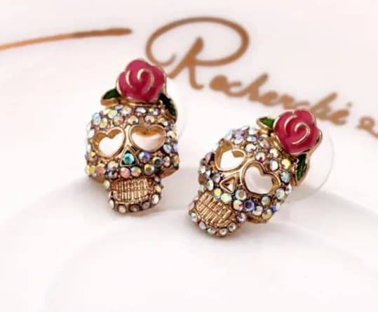 Hot topic Gold and Pink day of the dead Skull Earrings - Thumbnail 2