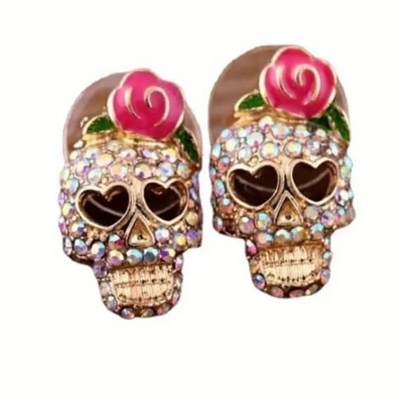 Hot topic Gold and Pink day of the dead Skull Earrings - Thumbnail 6