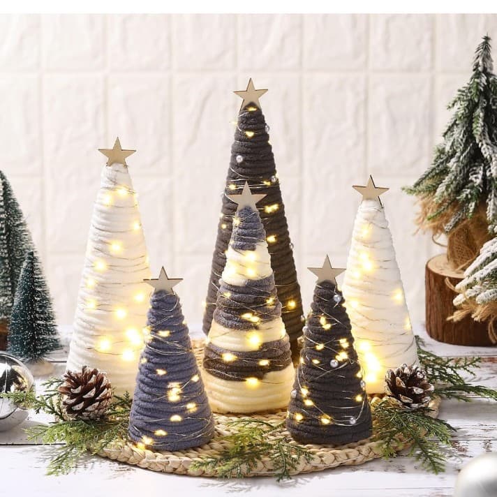 6 pcBoho Christmas Yarn Tree Natural Christmas Tree Xmas Yarn Cone Pedestal Tree - Image 1