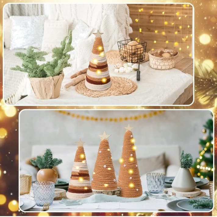 6 Pcs Boho Christmas Yarn Tree Natural Xmas Yarn Cone Pedestal Decoration - Thumbnail 3