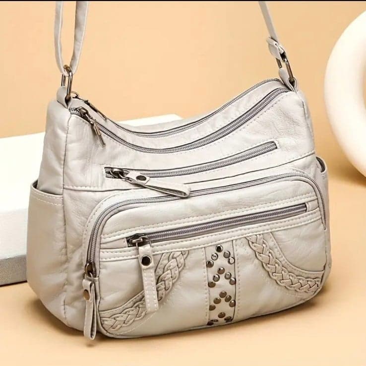 Gray Shoulder Bag with Adjustable Strap and Braided Detailing - Thumbnail 3