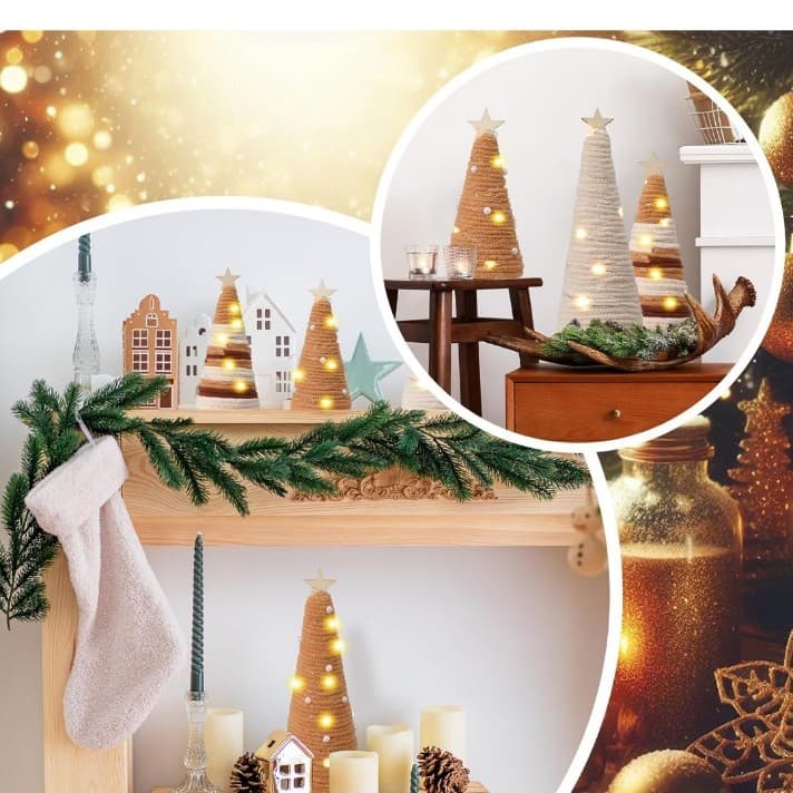 6 Pcs Boho Christmas Yarn Tree Natural Xmas Yarn Cone Pedestal Decoration - Thumbnail 4