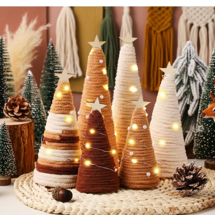 6 Pcs Boho Christmas Yarn Tree Natural Xmas Yarn Cone Pedestal Decoration - Image 1