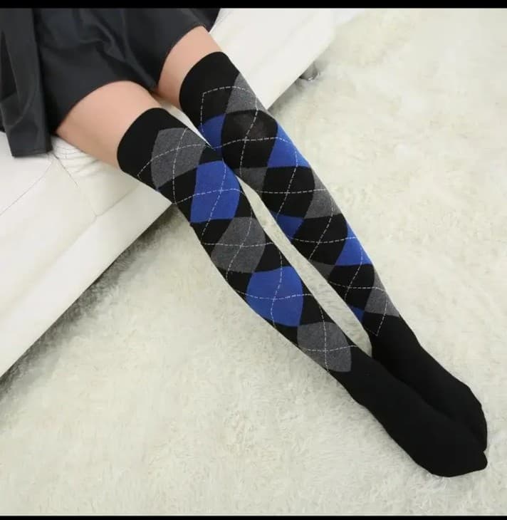 Argyle Patterned Over-the-Knee Socks - Black and Blue - Image 1
