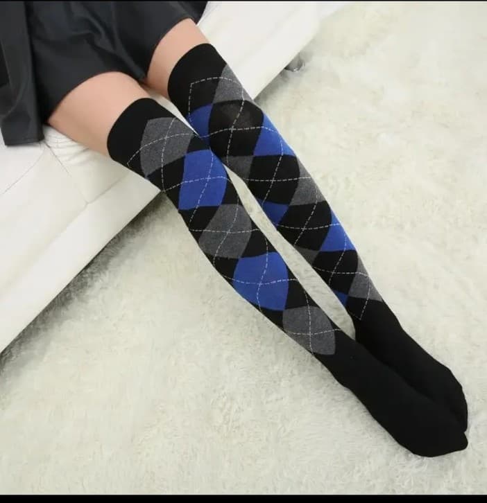 Argyle Patterned Over-the-Knee Socks - Black and Blue - Thumbnail 2