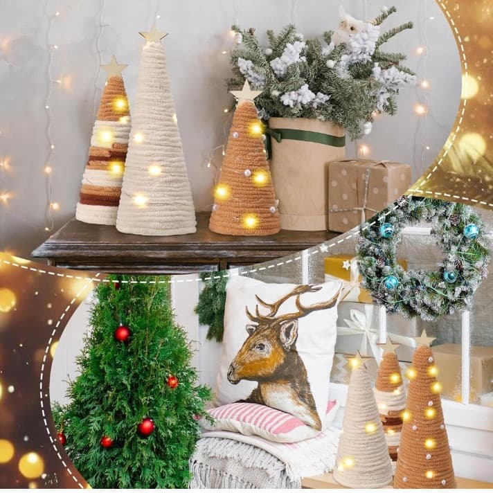 6 Pcs Boho Christmas Yarn Tree Natural Xmas Yarn Cone Pedestal Decoration - Thumbnail 5