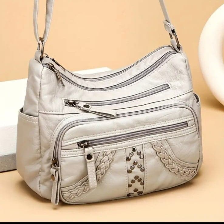Gray Shoulder Bag with Adjustable Strap and Braided Detailing - Thumbnail 2
