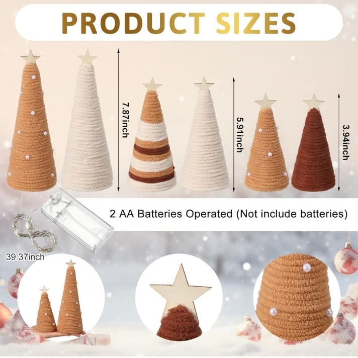 6 Pcs Boho Christmas Yarn Tree Natural Xmas Yarn Cone Pedestal Decoration - Thumbnail 2