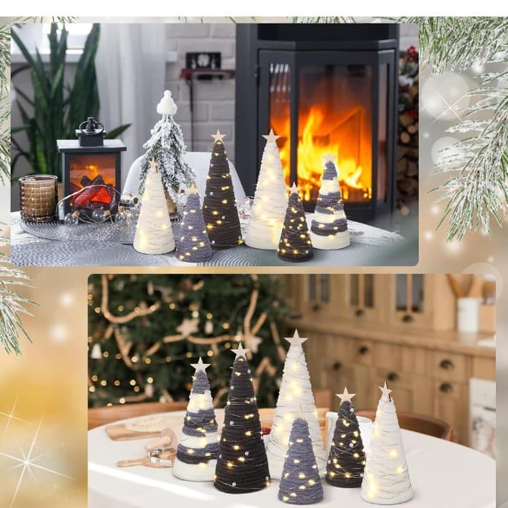 6 pcBoho Christmas Yarn Tree Natural Christmas Tree Xmas Yarn Cone Pedestal Tree - Thumbnail 3