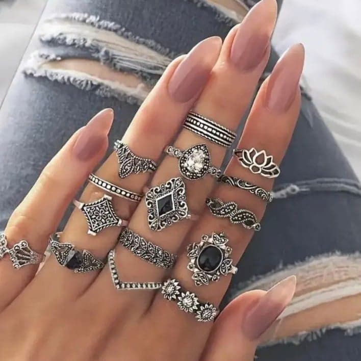 Hottopic silver Bohemian Rings with Intricate Patterns and Stone Embellishments - Image 1