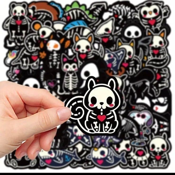 Black and White Cartoon Cat Faces with Skeletons - Thumbnail 2