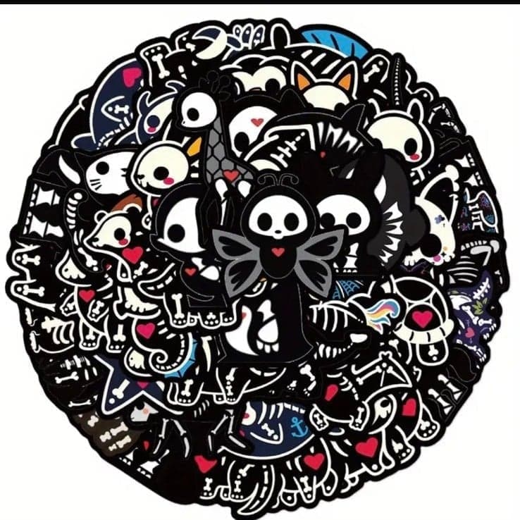 Black and White Cartoon Cat Faces with Skeletons - Image 1