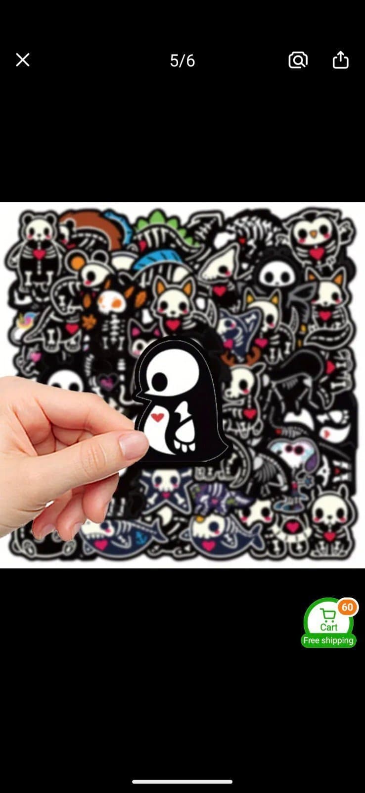 Black and White Cartoon Cat Faces with Skeletons 12 Pack Of Stickers - Thumbnail 4