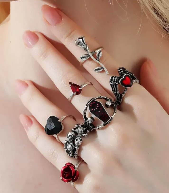 Silver and Red Gothic Ring Set - Image 1