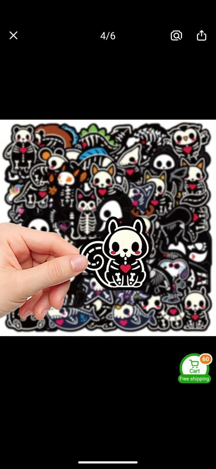 Black and White Cartoon Cat Faces with Skeletons 12 Pack Of Stickers - Thumbnail 3