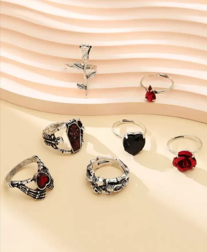 Silver and Red Gothic Ring Set - Thumbnail 3