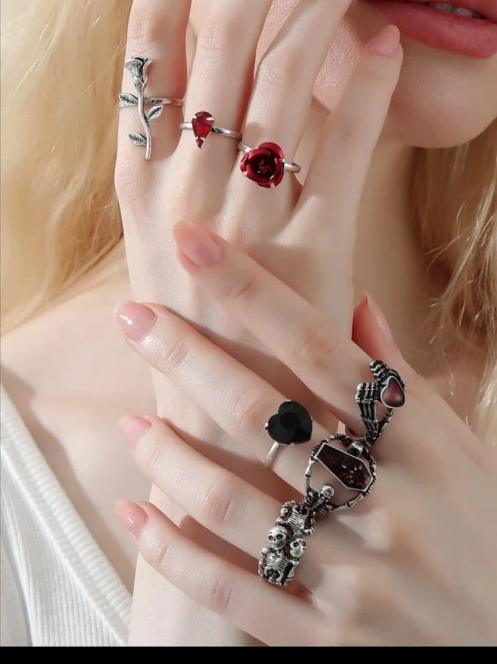 Silver and Red Gothic Ring Set - Thumbnail 5