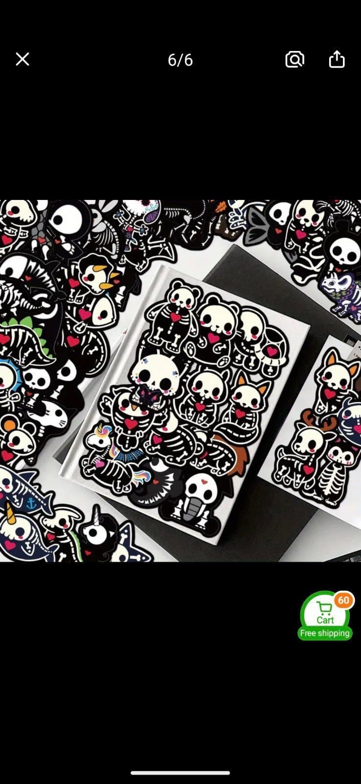 Black and White Cartoon Cat Faces with Skeletons 12 Pack Of Stickers - Thumbnail 5