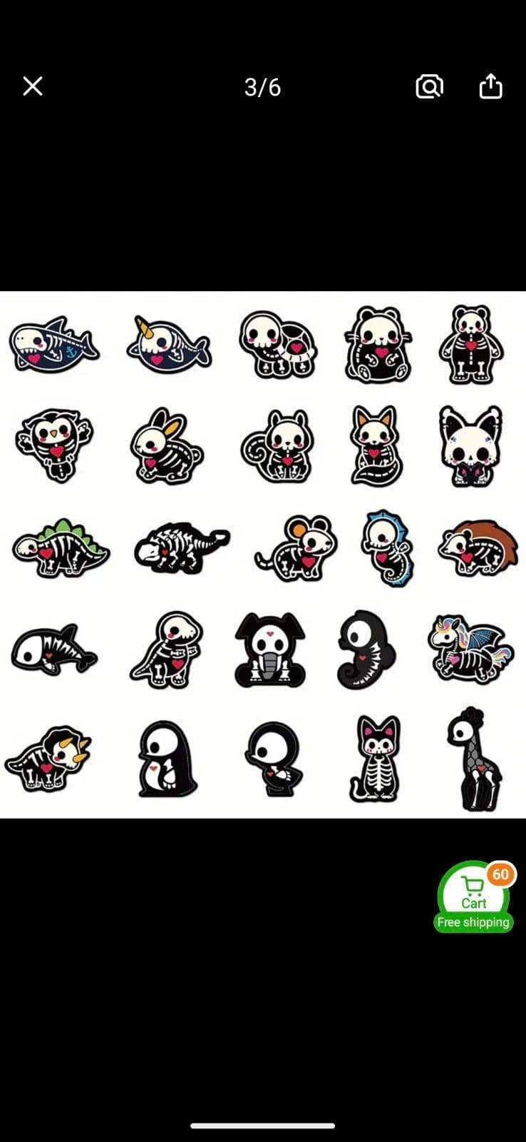 Black and White Cartoon Cat Faces with Skeletons 12 Pack Of Stickers - Thumbnail 2