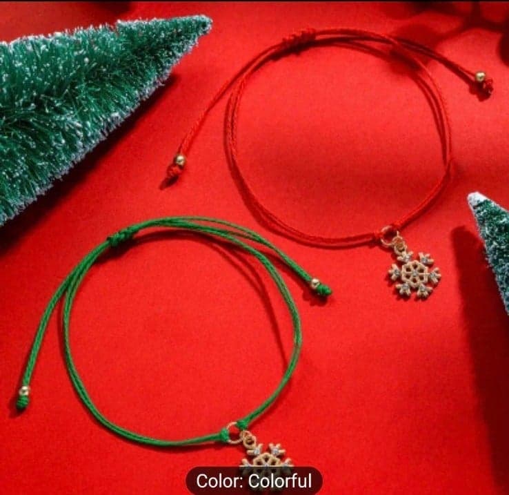 2pcs Christmas Snowflake Charm Bracelet Set - Colorful Braided Rope - Thumbnail 2