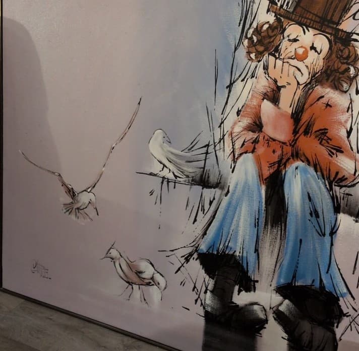 Carrel "The Thinker" 61x48 Huge Sad Clown and Seagull Acrylic Canvas 1973 - Thumbnail 6