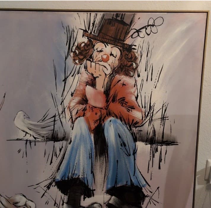 Carrel "The Thinker" 61x48 Huge Sad Clown and Seagull Acrylic Canvas 1973 - Thumbnail 4