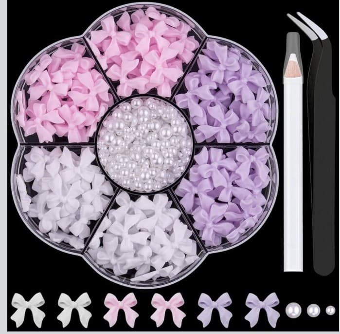 Pink,purple and white bows for nail decorations & white pearls tweezers& pencil - Image 1