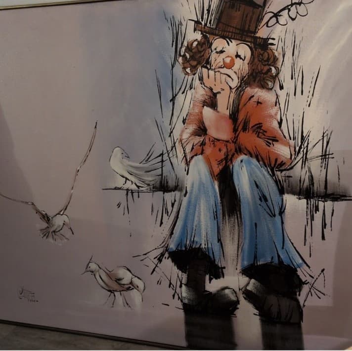 Carrel "The Thinker" 61x48 Huge Sad Clown and Seagull Acrylic Canvas 1973 - Thumbnail 5