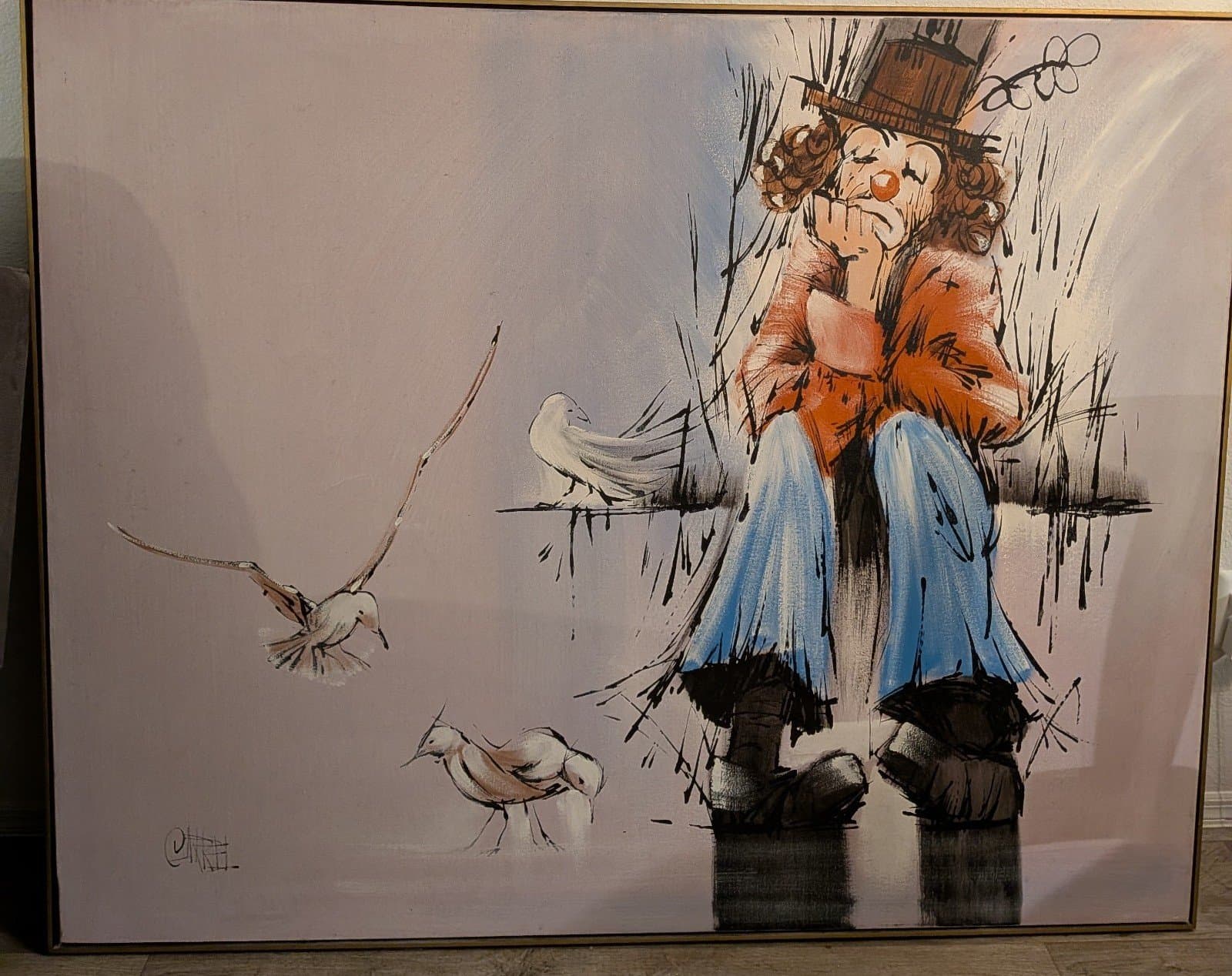 Carrel "The Thinker" 61x48 Huge Sad Clown and Seagull Acrylic Canvas 1973 - Image 1