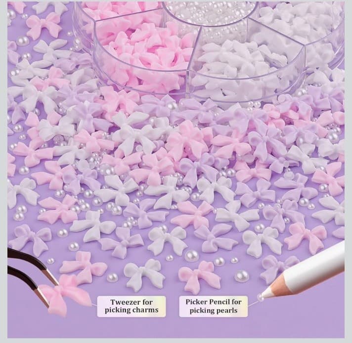 Pink,purple and white bows for nail decorations & white pearls tweezers& pencil - Thumbnail 3