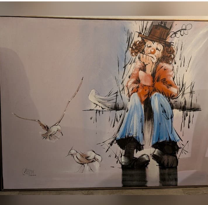 Carrel "The Thinker" 61x48 Huge Sad Clown and Seagull Acrylic Canvas 1973 - Thumbnail 3