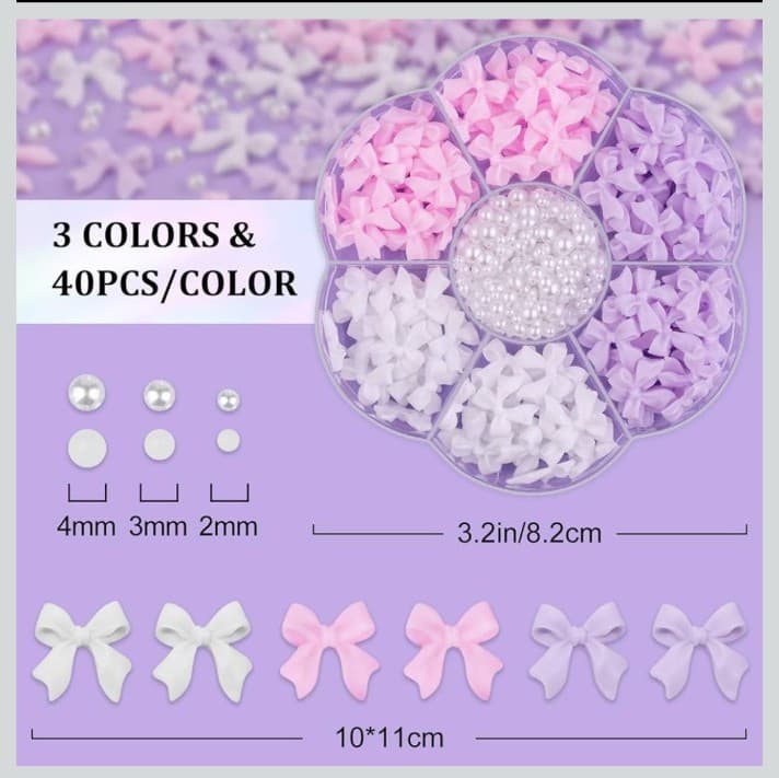 Pink,purple and white bows for nail decorations & white pearls tweezers& pencil - Thumbnail 2