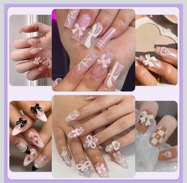 Pink,purple and white bows for nail decorations & white pearls tweezers& pencil - Thumbnail 7