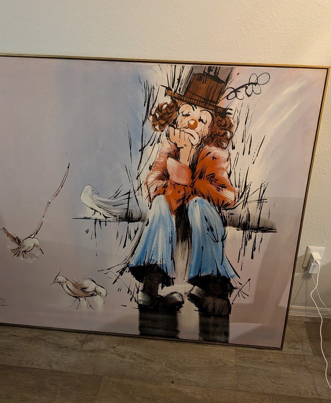 Carrel "The Thinker" 61x48 Huge Sad Clown and Seagull Acrylic Canvas 1973 - Thumbnail 2