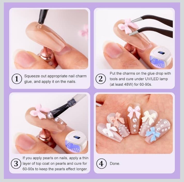 Pink,purple and white bows for nail decorations & white pearls tweezers& pencil - Thumbnail 5