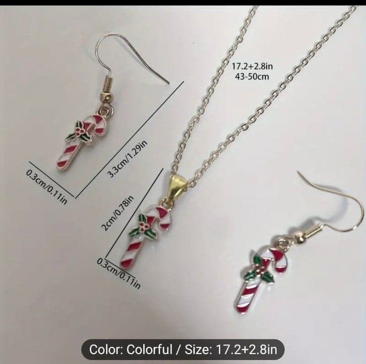 Chic 3pcs Christmas Candy Cane Jewelry Set for Girls Includes Necklace& earrings - Thumbnail 2