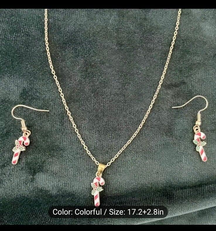 Chic 3pcs Christmas Candy Cane Jewelry Set for Girls Includes Necklace& earrings - Thumbnail 3