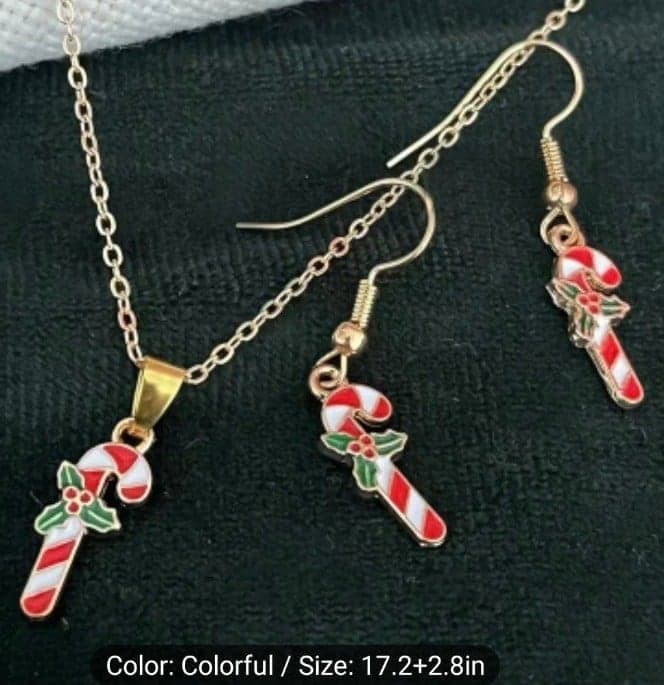 Chic 3pcs Christmas Candy Cane Jewelry Set for Girls Includes Necklace& earrings - Image 1