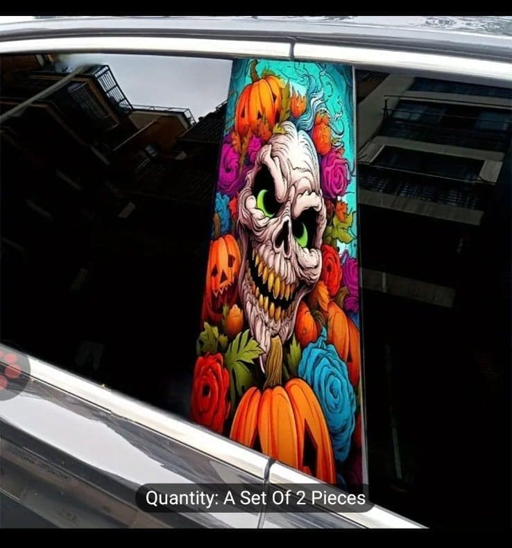 2-Pack PVC Skull and Pumpkin B-Pillar Decal Set, Scratch-Resistant Vehicle Door - Thumbnail 7