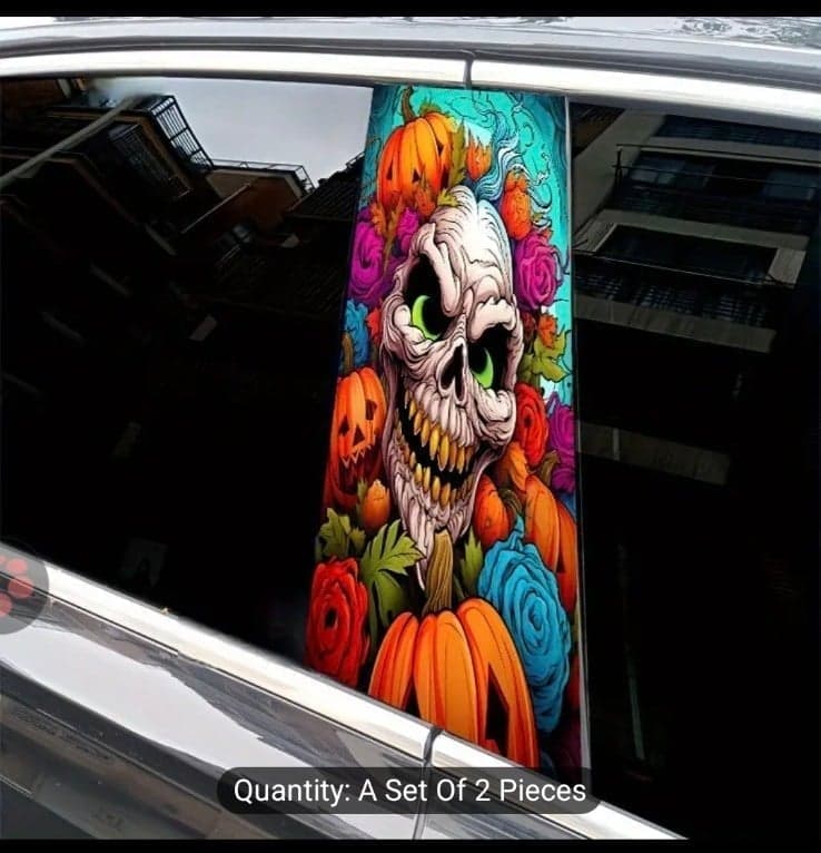 2-Pack PVC Skull and Pumpkin B-Pillar Decal Set, Scratch-Resistant Vehicle Door - Thumbnail 5
